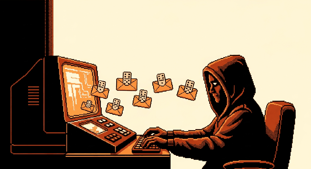 Pixel-art illustration of a hooded operator at a terminal sending out envelopes that wear masks, standing in for forged, spoofed email.